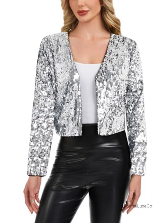 Sweaters - Sparkly Sequin Cropped Blazer Bolero Shrug Open Front Long Sleeve Party